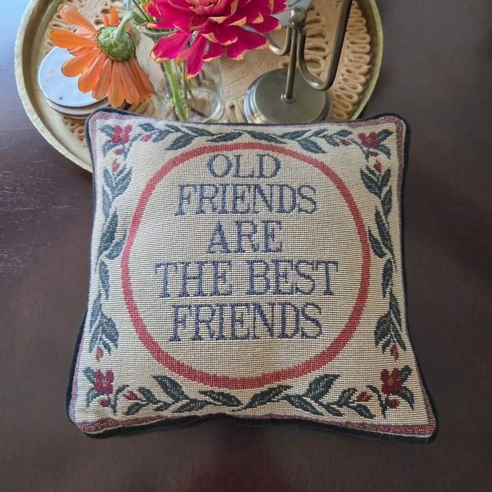 Vtg Needlepoint Tapestry Accent Throw Pillow Friendship BFF Granny Cottage 10x12